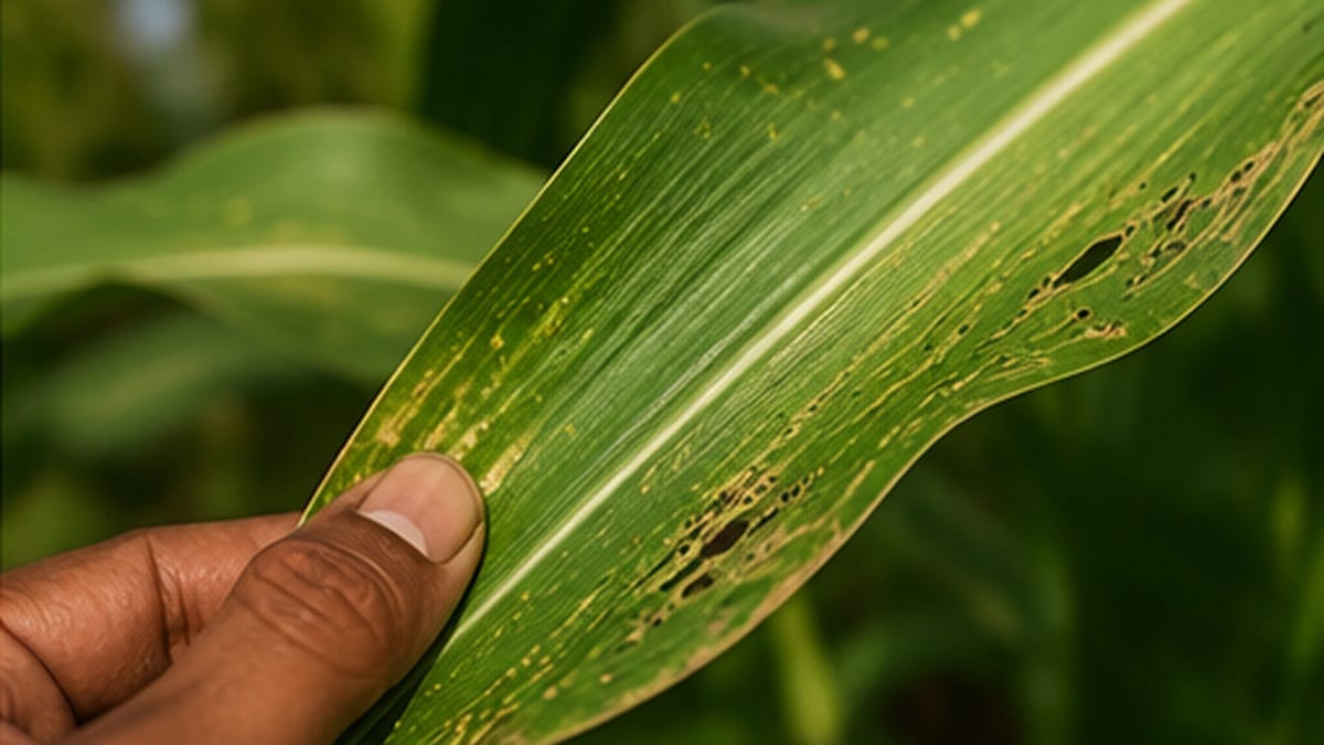 Close inspection of a leaf showing early stress on a standing crop