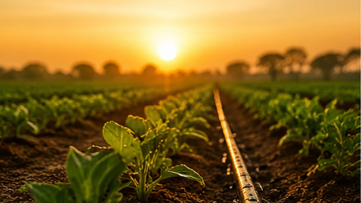Drip irrigation line running between crop rows at first light
