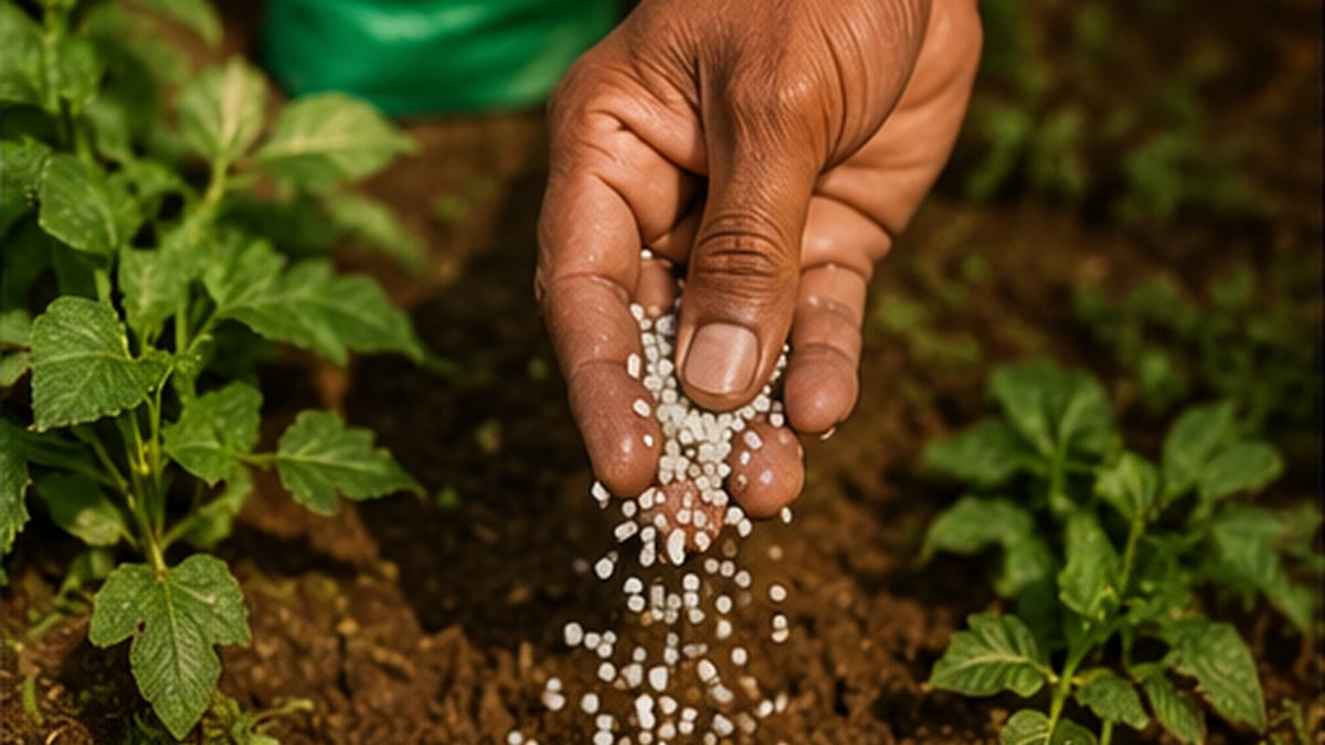 Granular nutrient being measured by hand at the field edge