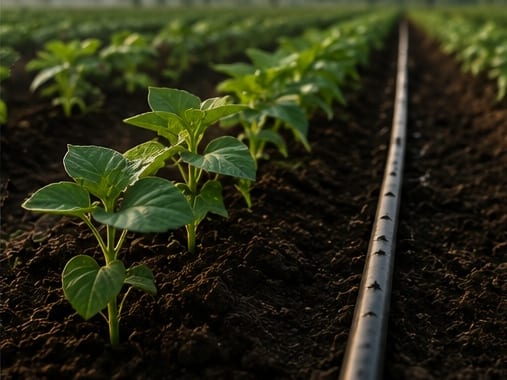 Young crop established in rows with drip line running through